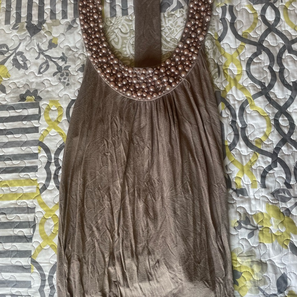 Forever 21 Brown Halter shirt with Pearl Embellishments